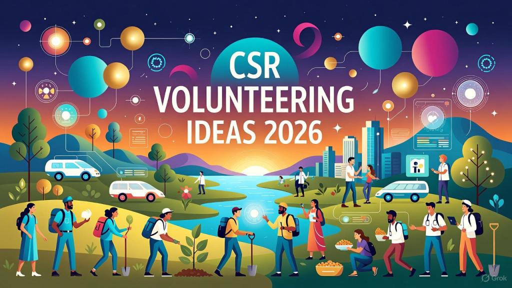 Vibrant futuristic landscape illustration for CSR Volunteering Ideas 2026, featuring diverse volunteers planting trees, sharing food, using tech devices, and collaborating with robots in a colorful gradient background of orange, yellow, teal, and blue hills, with interconnected icons like leaves, globes, and data flows, centered neon cyan title in modern sci-fi font, evoking innovative corporate social responsibility and AI-enhanced philanthropy in India.