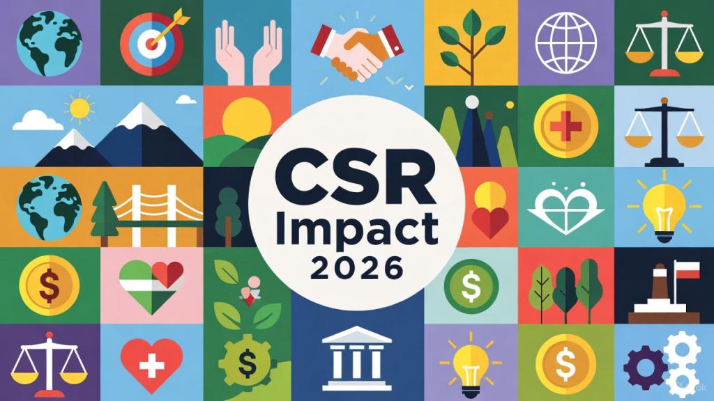 Vibrant illustrative banner for CSR Impact 2026 featuring a colorful grid of UN SDG icons including globes, handshakes, green leaves, justice scales, lightbulbs, hearts, currency symbols, government buildings, and natural landscapes like mountains and suns, centered with bold professional sans-serif font text "CSR Impact 2026" on a white circular overlay, evoking corporate social responsibility, philanthropy, and sustainable development themes in India.